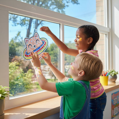 Two children hanging a completed OOLY Sun Sparkles space cat with planet ring gem suncatcher onto a large sunny window using a suction cup hook