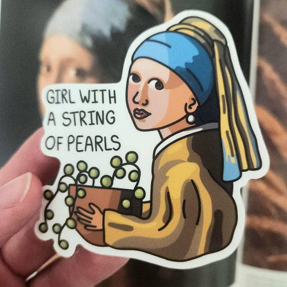 Girl with a String of Pearls Plant Sticker – Funny Art Parody Vinyl Sticker for Plant Lovers, Art Fan Gift Idea, Sticker for Water Bottle