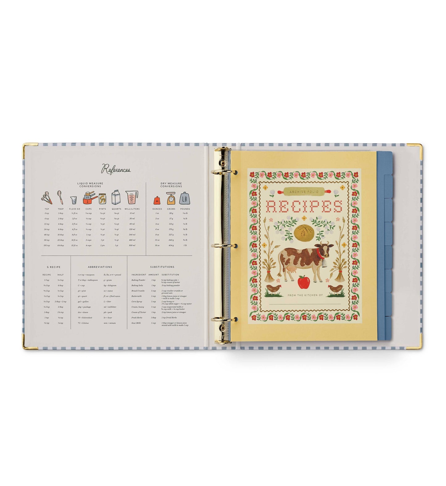 Rifle Paper Co. Home Sweet Home Recipe Binder open to References page showing liquid and dry measure conversions, abbreviations, and substitutions on left; illustrated Recipes cover page with cow and floral border on right; blue tabbed dividers visible