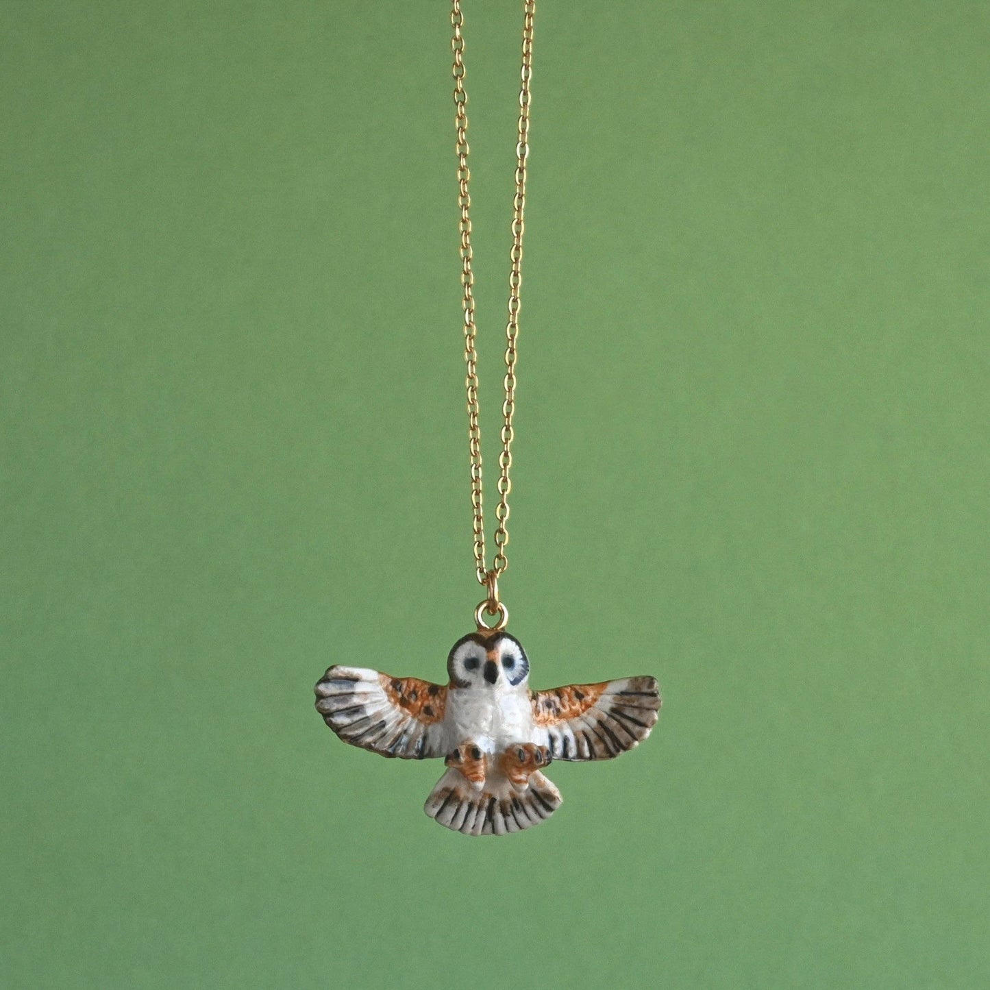 Necklace; Barn Owl By Camp Hollow (Hand-Painted Porcelain, 24K Gold Steel Chain)