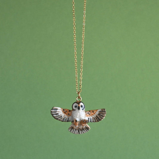 Necklace; Barn Owl By Camp Hollow (Hand-Painted Porcelain, 24K Gold Steel Chain)