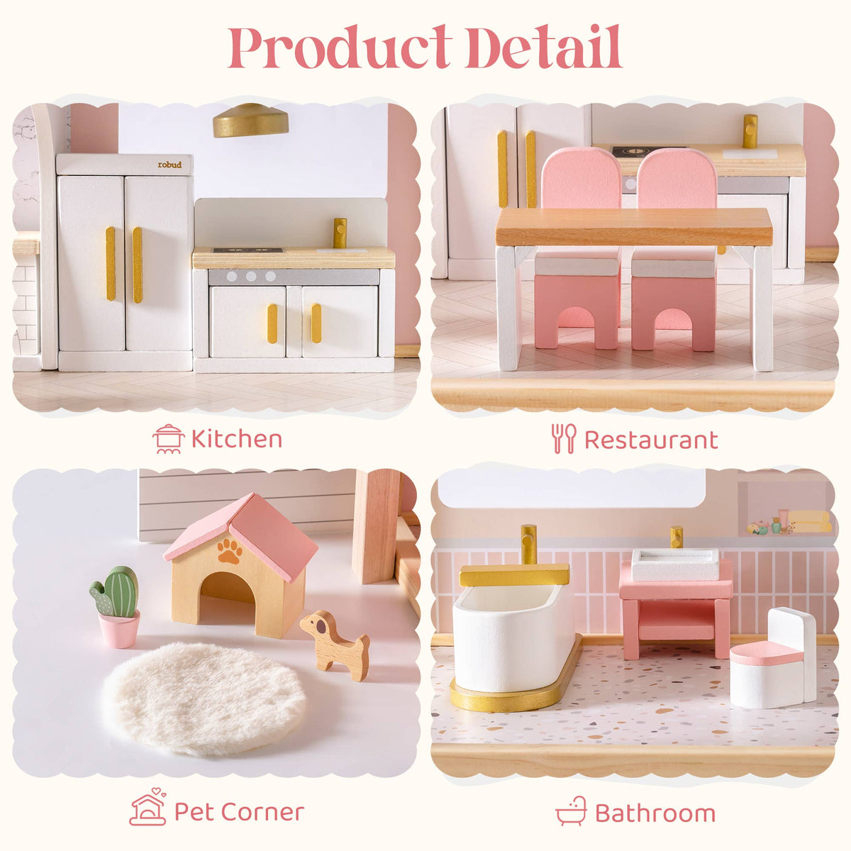 Wooden Dollhouse Furniture Set | 28 Pieces Pink | ROBUD