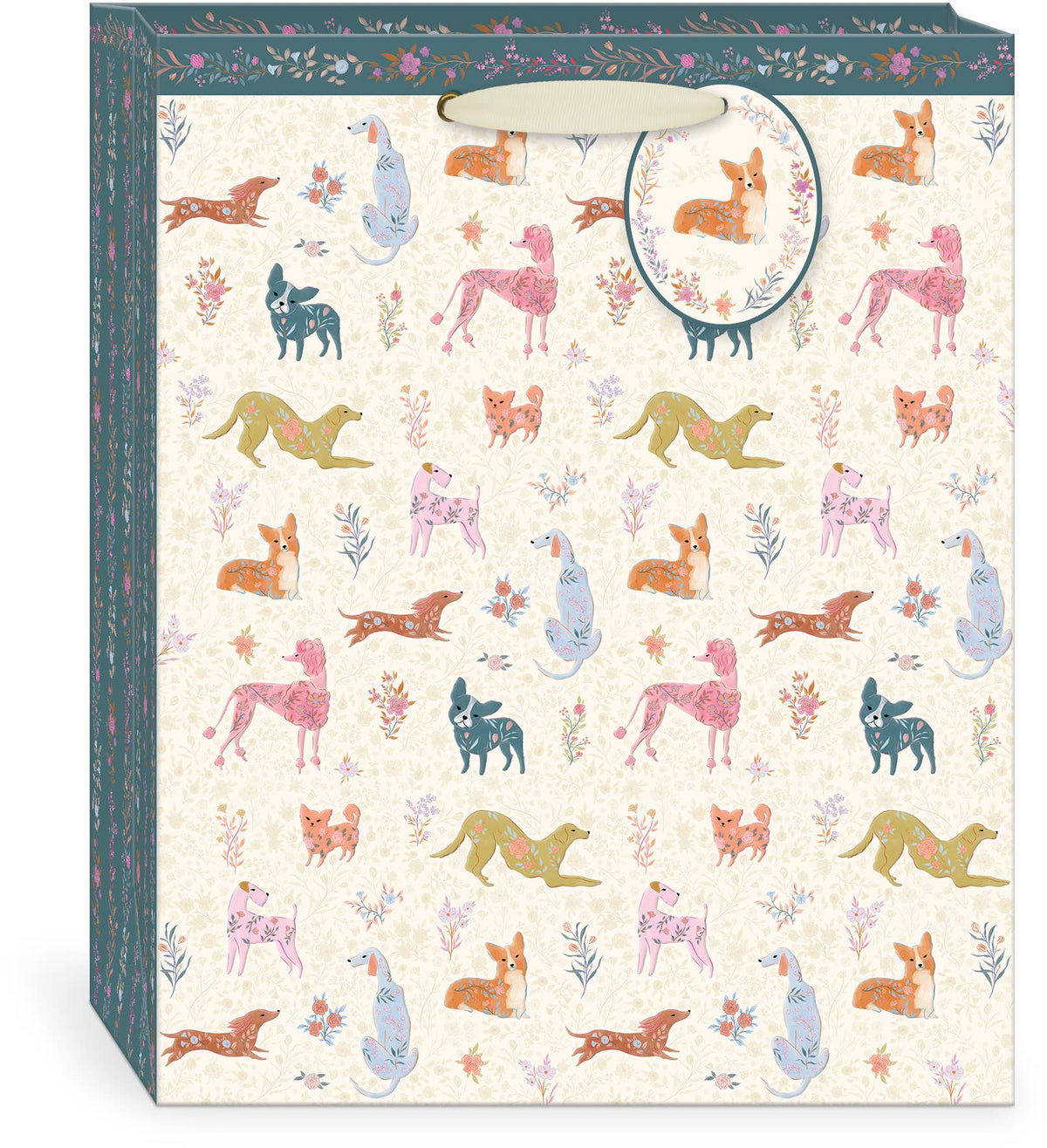 Punch Studio Wildflower Pets Dogs large vertical gift bag on white background — cream ground covered in all-over watercolor-style dog pattern featuring corgis, greyhounds, dachshunds, pink poodles, and small dogs among pink and lavender wildflowers; dark teal floral border at top; cream ribbon handles; oval gift tag accent at top right with corgi illustration