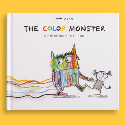 he Color Monster: A Pop-Up Book of Feelings hardcover cover by Anna Llenas — white cover with multicolor crayon-style title, mixed-color monster holding hands with a sketched girl, and wavy yellow, red, green, blue, and black emotion lines across the bottom, displayed flat on a bright yellow background