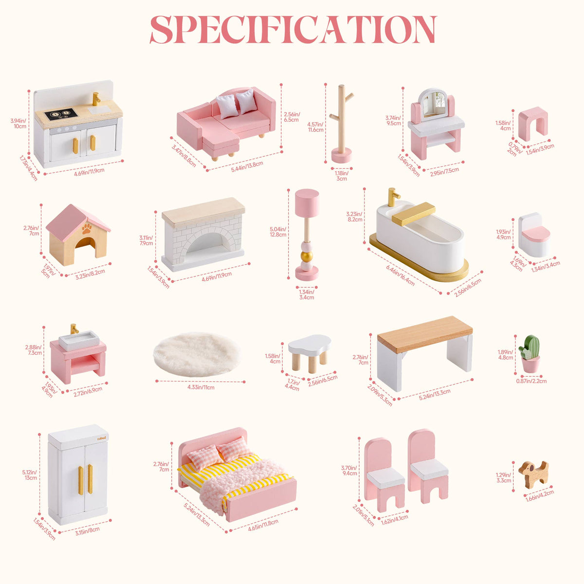 Wooden Dollhouse Furniture Set | 28 Pieces Pink | ROBUD