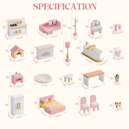 Wooden Dollhouse Furniture Set | 28 Pieces Pink | ROBUD