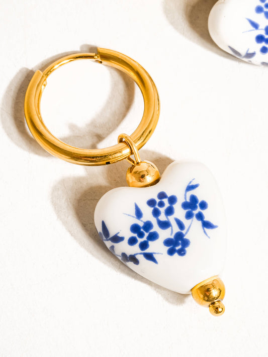 Ceramic Floral Heart Earring; Yun (18K Gold, Non-Tarnish)