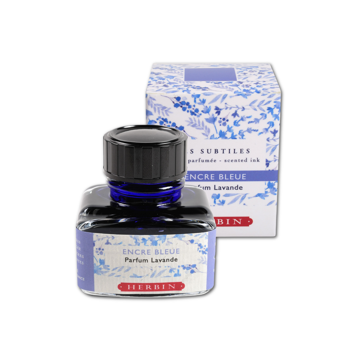 J. Herbin Les Subtiles Encre Bleue scented ink — Parfum Lavande — 30ml glass bottle in front of matching gift box on white background; deep royal blue ink visible through clear glass with black cap; label reads "Encre Bleue / Parfum Lavande / Herbin"; box covered in soft blue floral and botanical illustration
