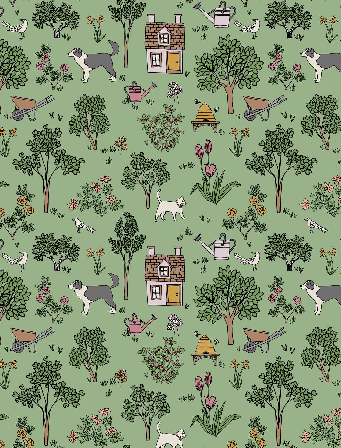 Helmsie wrapping paper sheet with garden scene pattern — repeating vignettes of dogs, wheelbarrows, garden tools, and trees on a green background