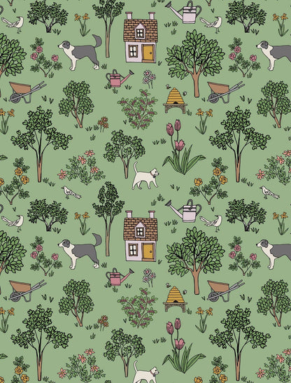Helmsie wrapping paper sheet with garden scene pattern — repeating vignettes of dogs, wheelbarrows, garden tools, and trees on a green background