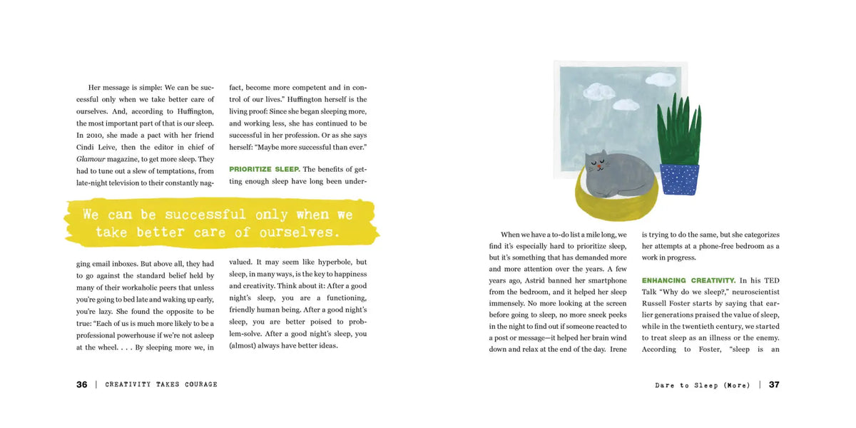 Interior spread of Creativity Takes Courage showing pages 36–37 from Dare to Sleep More — text about prioritizing sleep and enhancing creativity with a yellow pull quote "We can be successful only when we take better care of ourselves" and illustration of a sleeping cat on a green cat bed beside a potted plant