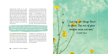 Interior spread of Creativity Takes Courage showing pages 82–83 from Dare to Try Something New — text about facing discomfort and the Kaizen method on the left with pull quote "Facing our own discomfort helps us change habits and try new things," and a full-bleed photo of yellow wildflowers on a teal background on the right with a Michelle Obama quote: "Just try new things. Don't be afraid. Step out of your comfort zones and soar."