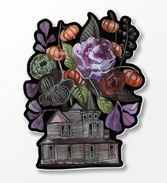 Floral Haunted House vinyl sticker by Made By Shellie — die-cut sticker with black background; weathered gray Victorian haunted house at bottom with a lush bouquet of purple roses, dark red roses, mini orange pumpkins, dark berries, and deep purple and green foliage bursting above the roofline; white die-cut border; matte finish; 4"×5"
