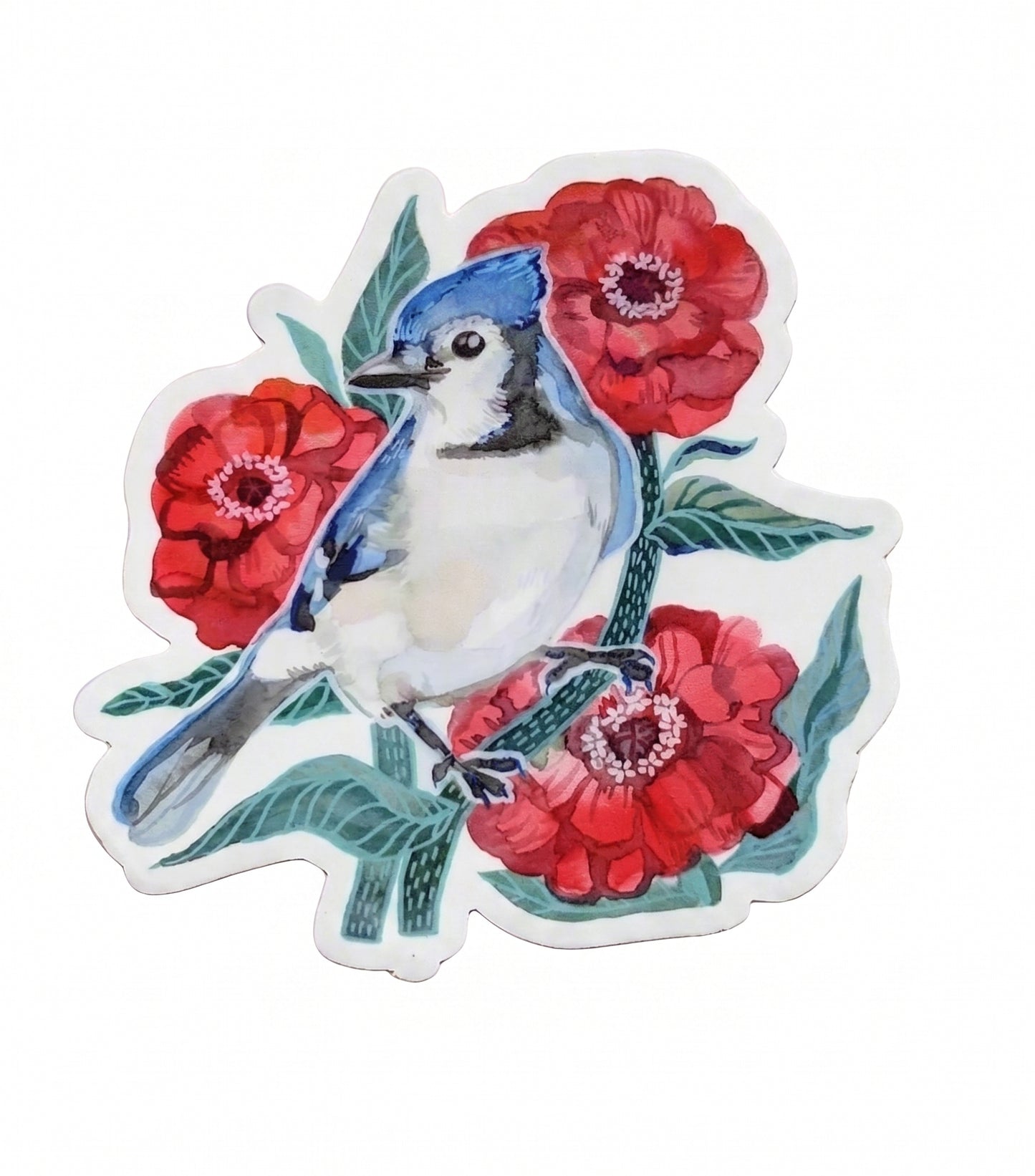 Vinyl Sticker; Blue Bird Among Flowers - Made by Shellie