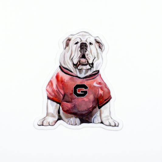 Vinyl Sticker; Sitting Bulldog in UGA Jersey - Made By Shellie