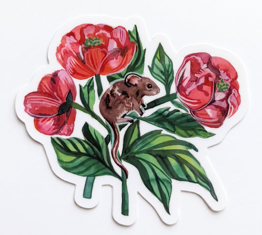 Made by Shellie Mouse in Flowers vinyl sticker — tiny brown mouse perched among three lush red peonies with bold green leaves and stems; die-cut with white border; white background