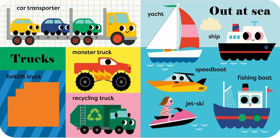 Interior spread of My BIG Playbook: Things That Go showing the Trucks page with car transporter, monster truck, forklift truck felt flap, and recycling truck on the left, and the Out at Sea page with yacht, ship, speedboat, jet-ski, and fishing boat on the right
