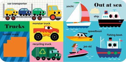Interior spread of My BIG Playbook: Things That Go showing the Trucks page with car transporter, monster truck, forklift truck felt flap, and recycling truck on the left, and the Out at Sea page with yacht, ship, speedboat, jet-ski, and fishing boat on the right