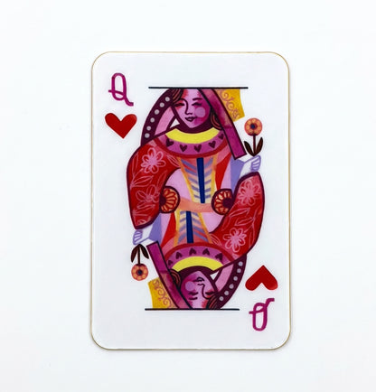 Queen of Hearts vinyl sticker featuring a modern illustrated playing card design with a queen in rich reds, purples, pink, and gold with floral robes and orange flower accents, rounded rectangle die-cut with gold border, on white background