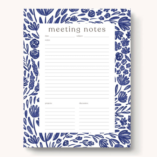 Notepad; Meeting Notes (Blue Porcelain Floral)