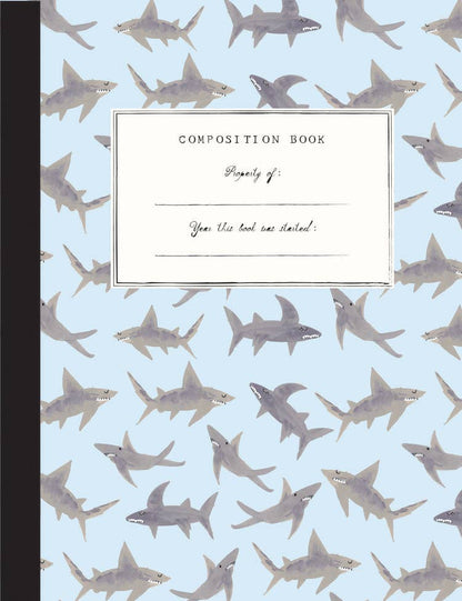 Composition Book by Mr. Boddington's Studio with hand-painted watercolor shark pattern on a light blue cover, classic "Property of" label, black spine, 9.75 by 7.5 inches