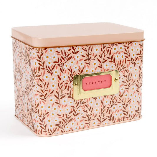 Metal Recipe Box; Pink Tiny Floral