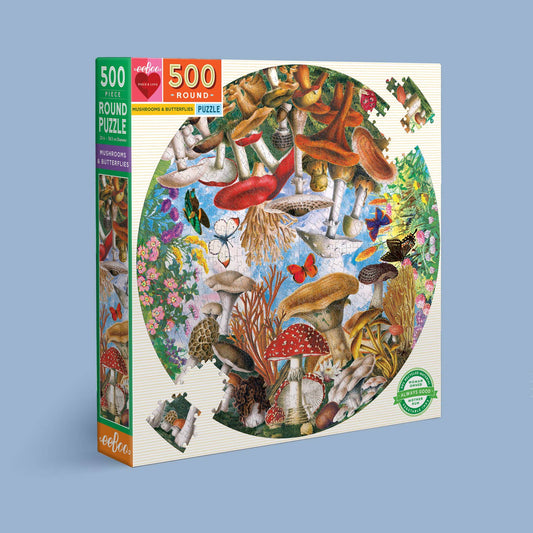 Eeboo 500 Piece Round Puzzle; Mushrooms and Butterflies