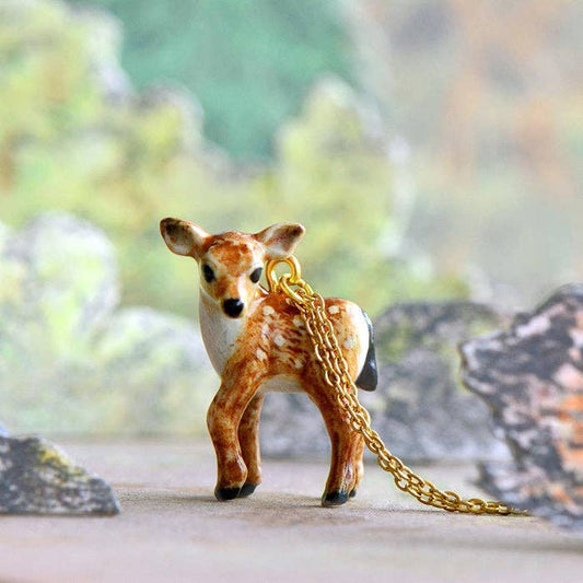 Necklace; Newborn Fawn By Camp Hollow (24k Gold Steel Chain, Hand-Painted Porcelain)