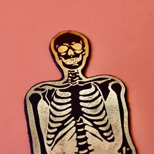 Leather Bookmark; Black & Gold Skeleton (Gold Foil) By Ark Colour Design